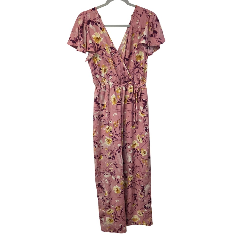 BOG Collective Pink Floral Flutter Sleeve Surplice Jumpsuit Small Lightweight‎